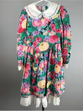 Vtg 90s Childrens Hour Jan Briggs Floral Print Eyelet Lace Trim Party Dress 10